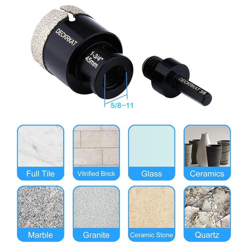 DECKRKAT Diamond Hole Saw, 1-3/4" Hole Saw for Tiles Granite Marble Ceramic Glass Porcelain, 45mm Core Drill Bit with 5/8-11 Thread and 3/8” Hex Shank Adapter for Angle Grinders & Drills - Image 3